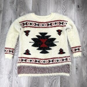 Fuzzy Eyelash Sweater Top Women M Southwestern Aztec Western Print Cream Black